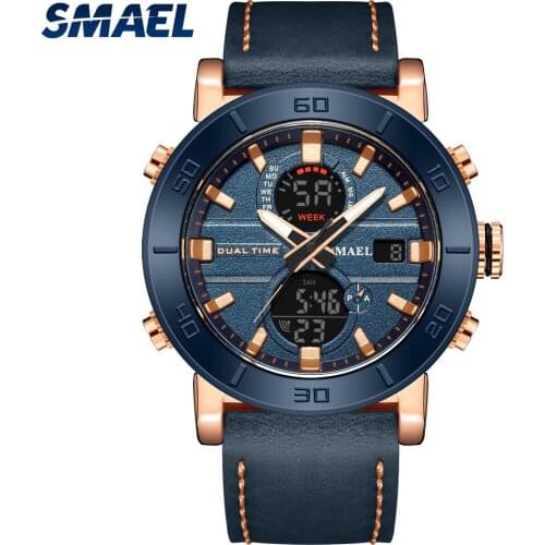 SMAEL Fashion Watches for Men Waterproof 3Bar Top Brand Luxury Dual Display Alloy Case Creative Digital Leather Watches SL6010