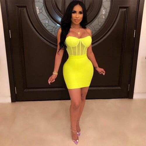 Yellow Bodycon Dress Women Party Dress Mini 2021 New Arrivals V Neck Bodycon Dress Celebrity Evening Club Dress