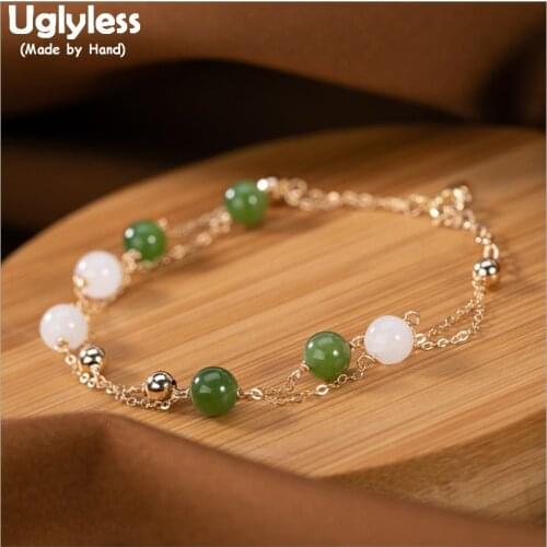 Uglyless 14K Filled Gold 9K Gold 2 Layers Chains Bracelets for Women Jade Jasper Bracelet Gemstone Beads Bangles Fashion Jewelry