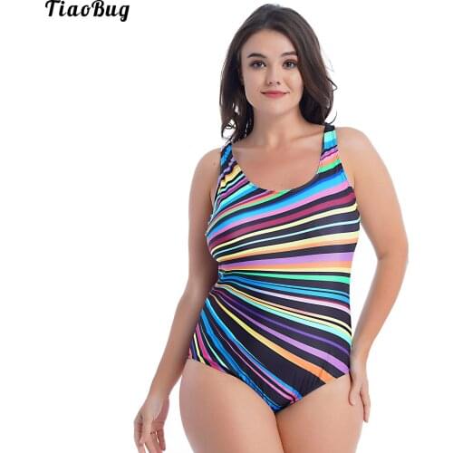 TiaoBug Women Plus Size Summer Stripes Print One-Piece Swimwear U Neck Sleeveless Removable Pads Without Rims Open Back Bodysuit
