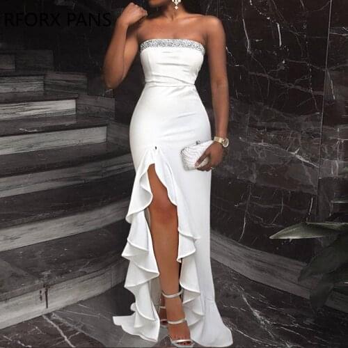 Women Glamorous Wrap Sequin High Silt Ruffle Hem Maxi Bodycon Party Sexy Dress