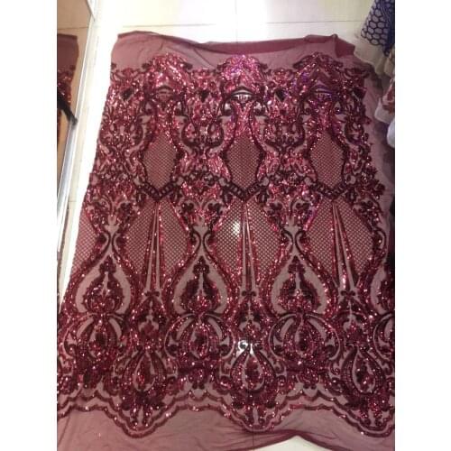 2019 hot sale stock 5yards ju001 dark wine red sequin embroidery net mesh lace fabric for bridal wedding dress