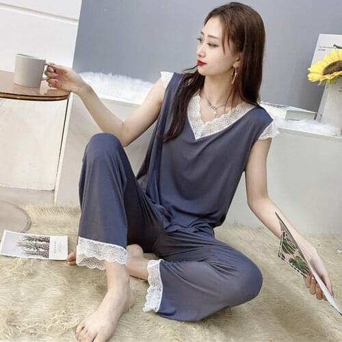 2021 New Pijama Mujer Sleeveless Lace Pajamas Suit Plus Size Fat Mm Female Two-Piece Home Wear Pyjamas Women Sleepwear Set