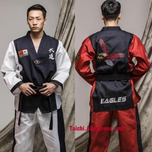 Martial Arts TKD Tae Kwon Do V-neck Adult & Children Taekwondo Clothes For Poomsae & Training,WTF Uniform,160-190cm White/red