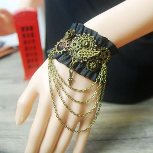 Gothic Punk Sexy Black Lace Bracelets Retro Cosplay Gear Chain Bracelet Bride Bridesmaid Jewelry Accessories Handmade