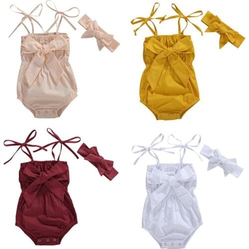 2020 Newborn Baby Girls Rompers Summer Toddler Kids Girls Sleeveless Bandage Bowknot Rompers Jumpsuits Headband Outfits