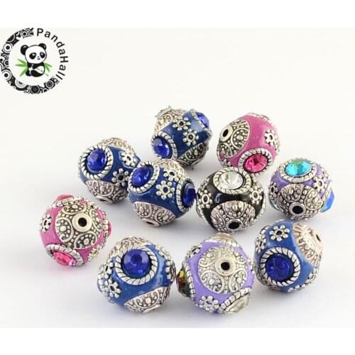 10pcs Handmade Indonesia Round Beads, with Glass Cabochons and Antique Metal Color Double Alloy Cores, Mixed Color,F70