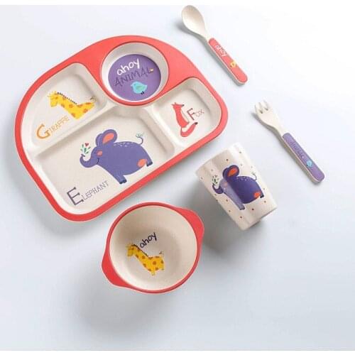 5pcs/set Children Tableware Set Bamboo Fiber Baby Feeding Plates Dishes Bowl With Cup Fork Spoon Cartoon Animal Kids Dinnerware