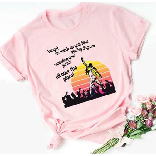 New Women Clothes Freddie Mercury T Shirt Queen Band T-Shirt Pink Female Clothing Short Sleeve T-Shirts 2021 Summer Brand Rock
