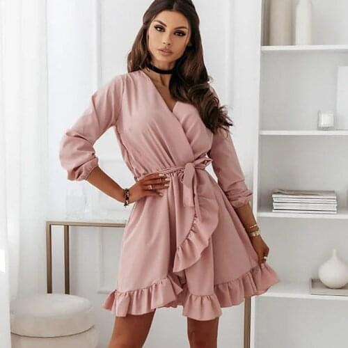 Autumn Elegant Ruffles Sashes Mini Dresses Women 2021 Fashion Sexy Deep V-neck Long Sleeve Pink A-line Dress Woman Party Dress