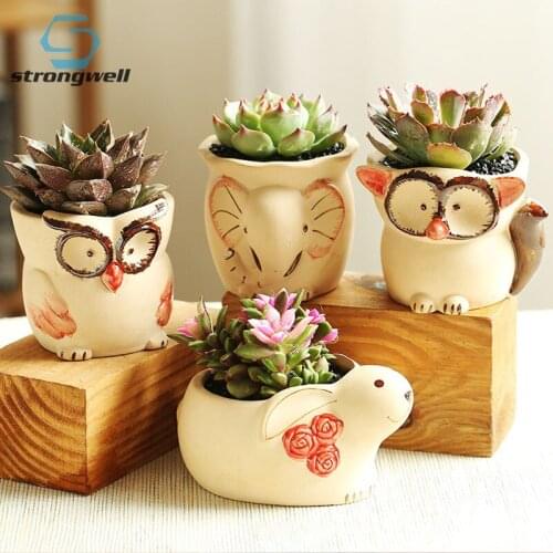 Strongwell Home Desktop Decoration Succulent Flower Pot Hand Painted Animal Miniature Model Planter Green Plants Pots Ornament