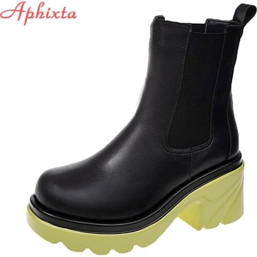 Aphixta 2021 New Winter Chunky Boots Fashion Platform Women Ankle Female Sole Elastic Band Botas Mujer Round Toe Slip-On Botas