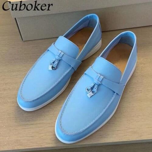 Brand Runway Women Casual Flat Shoes Leather Loafers Round Toe Metal Lock Mules Outwear Ladies Summer Out Walking Shoes Woman