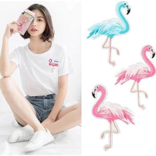 2Pcs/Set Pink Blue Flamingo Embroidered Patches for Clothing Iron on Badge Clothes Sticker Stripes Applique ZM09