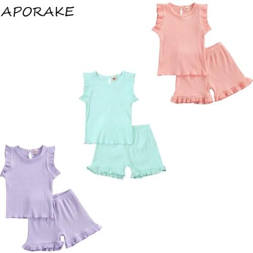 2021 1-6Y Kids Baby Girl Clothing Sweet Light Color Solid Sleeveless T-shirt Top+Ruffle Shorts Summer 2pcs Outfits Set