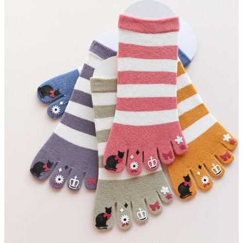 5 Pairs Short Tube Five Finger Socks Cartoon Cute Socks Stripe Split Toe Cotton Cat Socks Women Set