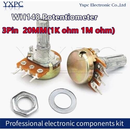 5pcs WH148 B1K B2K B5K B10K B20K B50K B100K B500K 3Pin 20mm Shaft Amplifier Dual Stereo Potentiometer 1K 2K 5K 10K 50K 100K 1M