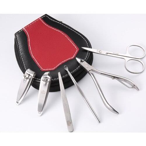 6pcs Nail Sets Stainless Steel Pedicure Knife Manicure Eyebrow Scissors Personal Cleaning Care Tools Portable PU Leather Case