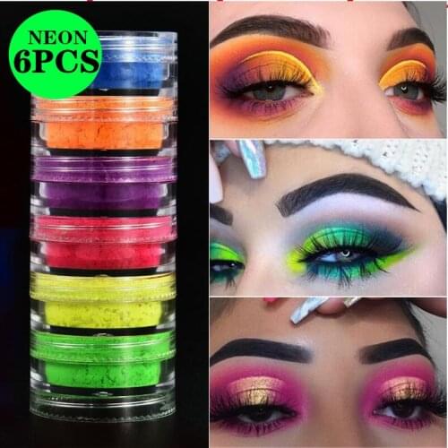 6pcs Neon Loose Powder Eyeshadow Pigment Matte Mineral Spangle Nail Powder Shimmer Shiny Eye Shadow Woman Beauty Cosmetic T0776