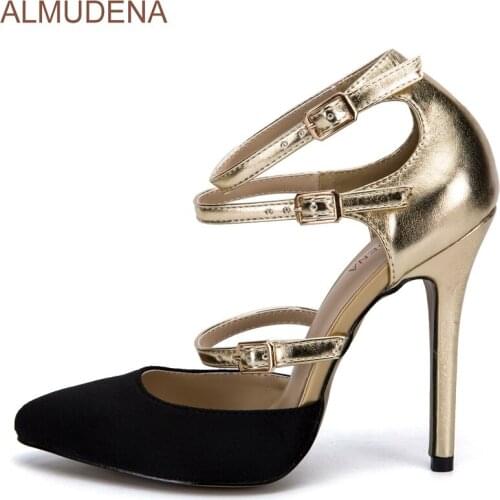 ALMUDENA Exquisite Gold/Black Color Patchwork Dress Pumps Triple Buckle Strap Gladiator Shoes Pointed Toe Stiletto High Heels