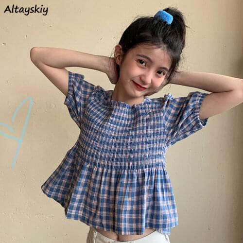 Blouse Women Vintage Plaid Japanese Style Loose Square Collar Tops Prairie Popular Sweet Edible Tree Fungus Puff Sleeve Leisure
