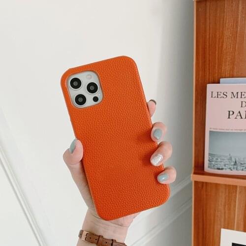 Vintage Lychee Pattern Genuine Leather Orange Gray Brown Case for IPhone11 12 Pro X XS MAX XR 8 Plus Korean Mobile Phone Cover