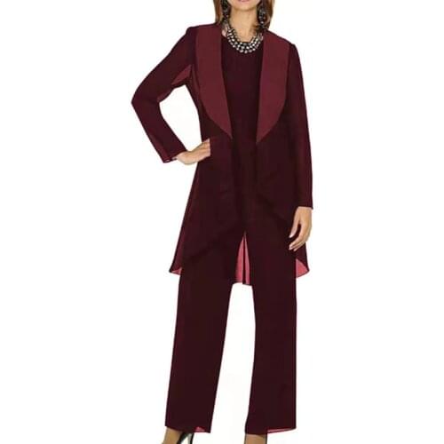 Elegant Burgundy Grey Chiffon Long Sleeves Mother of the Bride Dresses Pantsuit 3 Pieces Plus Size Wedding Party Guest Gown