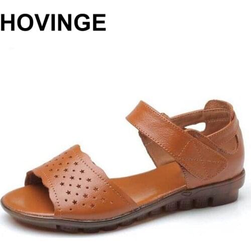 HOVINGE 2020 New Big Size High Quality Genuine Leather Women Sandals Simple Comfortable Ladies Flat Sandals Shoes Woman Summer