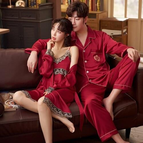 Sexy Hollow Out Lace Floral Trim Lady Robe Gown Set Women Kimono Nightgown Men Pajamas Set 2PCS Satin Lounge Loose Home Clothes