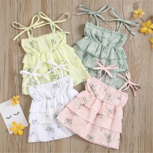 0-3 Years Baby Girls Summer A-Line Dress Toddler Sweet Tie-Up Floral Spaghetti Strap Sleeveless Layered Braces Dress