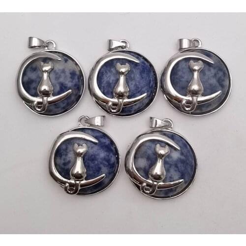 Fashion natural sodalite Stone charm Alloy cat Necklace Pendant removable for Jewelry making charm Pendulum wholesale 12pcs/lot