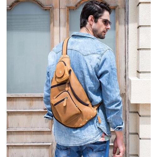 Male Riding Messenger Ipad Cell Phone Sling Bag Mens Genuine Leather Chest Bag Leather Big Capacity Crossbody Bag Casual