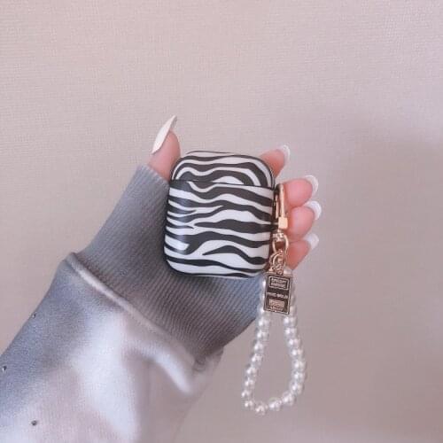 Retro Zebra Pattern Soft Earphone Case For AirPods 1 2 Pro Wireless Bluetooth Headset Cover With Cute Pearl Bracelet Keychain