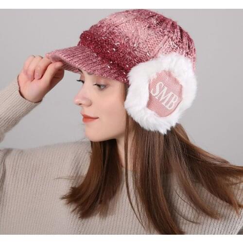 Winter New fleece-lined fashionable womens letters SMB gradient knitted wool ear protection cap warm duck tongue hat
