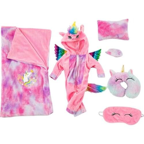 D&B Cute Unicorn Doll Clothes Pajamas Sleeping Bags Pillows Eye Masks 7-Sets For 18 Inch 43cm New Baby Dolls Garment birthday gi