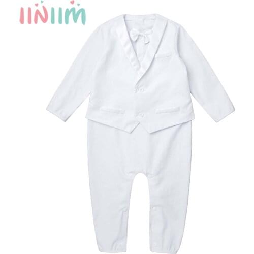 Iiniim Newborn Baby Boy Formal Suit with Bow Infant Boys 1st Birthday Long Sleeve White Cotton Romper for Baby Christening