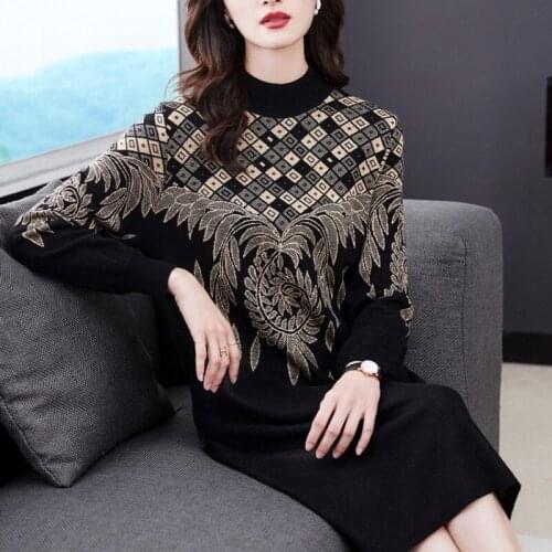 2021 Autumn Winter Vintage Women Half Turtleneck Jacquard Knitted Sweater Dress Woman Sweaters Dresses Plus Size 4xl Vestidos