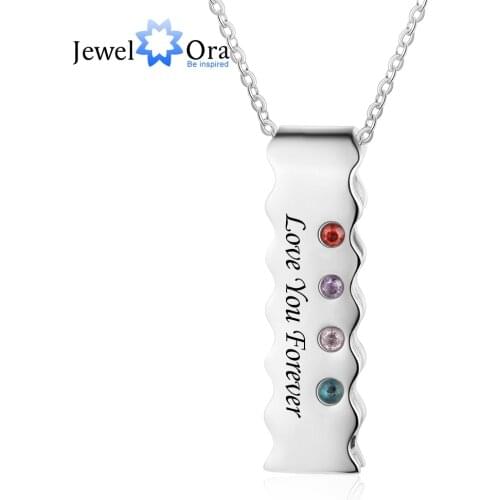 Personalized Engraved Name Bar Necklace with 4 Birthstones Customized Stainless Steel Necklace Family Jewelry(JewelOra NE103779)
