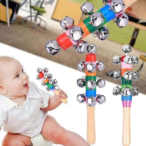 Multicolor Wooden Jingle Bells Stick Shaker Rattle Musical Instrument Kids Toy