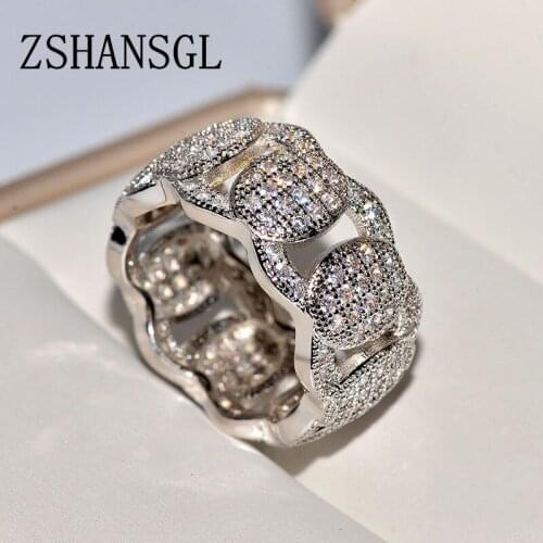 Luxury Big Clear CZ Crystal Ring Unique Wave Style 925 Sterling Silver Hollow Wedding Jewelry Promise Love Rings for Women Men