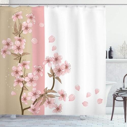 Japanese Shower Curtain Romantic Sakura Blooms Flowers Petals Spring Wind Eastern Nature Cloth Fabric Bathroom Decor