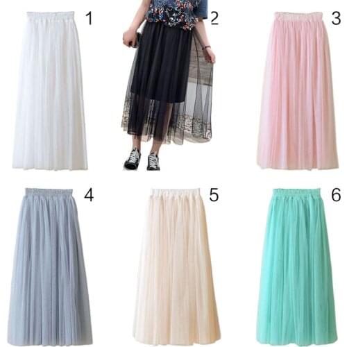 80CM Womens High Waist Three Layer Sheer Mesh Pleated Tulle Midi Long Tutu Skirt Sweet Solid Candy Color Drape Swing Loose Dress