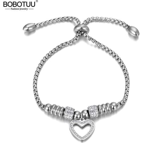 BOBOTUU Titanium Stainless Steel White Rhinestone Chain & Link Bracelets For Women Love Heart Adjustable Size Bracelet BB20053