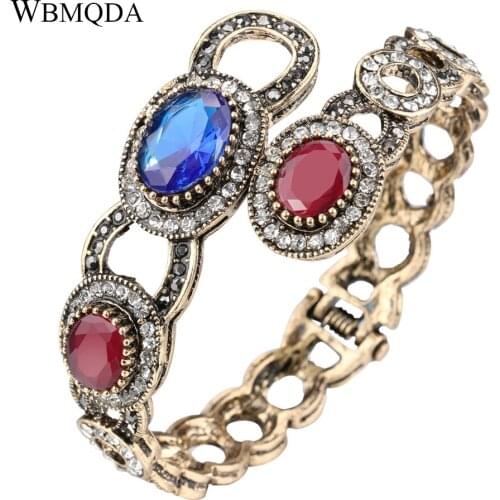 Vintage Blue Red Stone Hollow Cuff Bracelet Indian Crystal Antique Gold Bangles For Women Bohemian Jewelry
