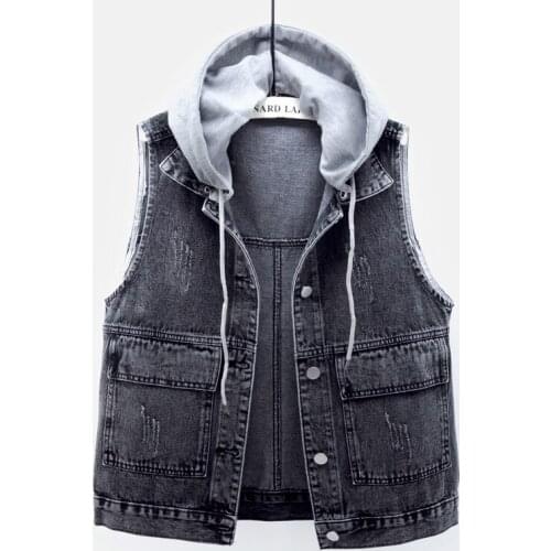 Removable Hooded Denim Vest Women Big Pocket Frayed Waistcoat Vintage 3 Color Sleeveless Jacket Slim Short Jeans Vests Female