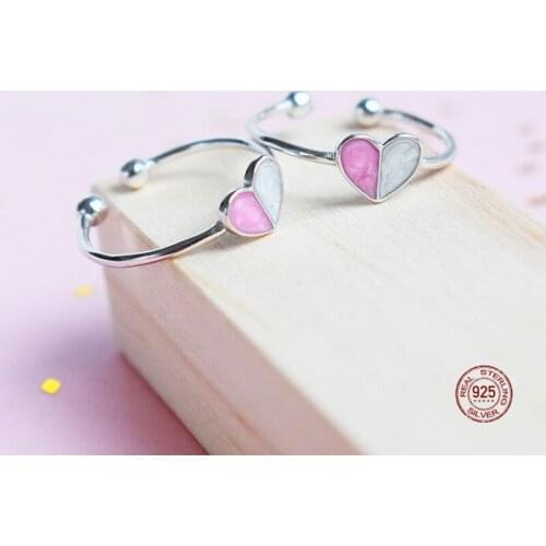 LKO Candy Color Cute Love Heart 925 Sterling Silver Adjustable Ring For Women Wedding Fashion Jewelry Valentines Day Gift