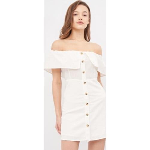 Women Vintage Off the Shoulder Ruffled Party Dress Front Button White Color Elegant Casual Mini Dress 2021 Summer New Dress