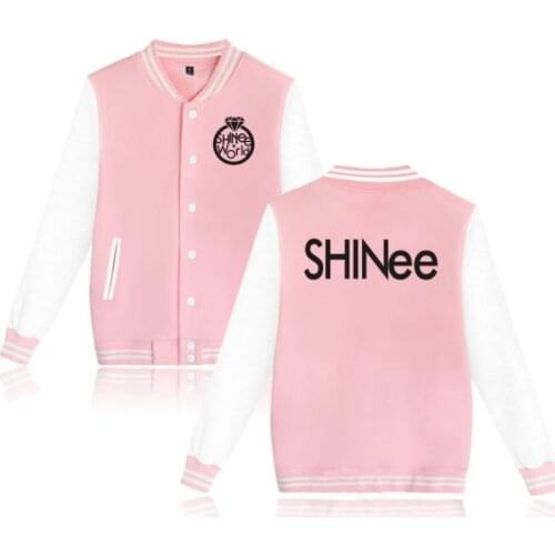Winter Ladies Bomber Jackets Korean KPOP SHINEE Pink Baseball Uniform Students Coat Long Sleeve Zip-up Fleece Hoodie Sweatshirt