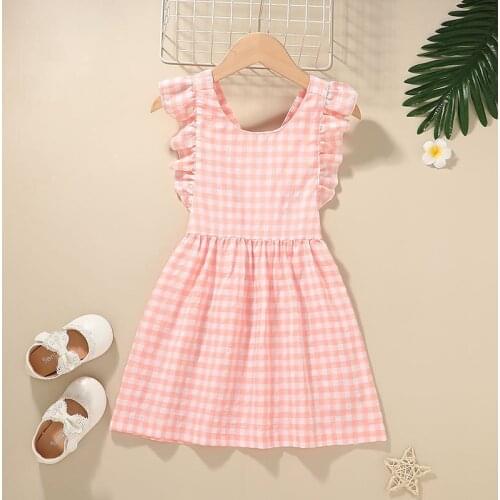 27Kids Girls Halter With Bow Dress Summer Lattice Pattern Sleeveless Dress Clothes Skirt Cute and Breathable 1-5Years