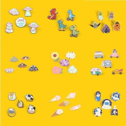 9 Cute Cartoon sets enamel Pins animal flower Alien Brooches for women kids Cup Stamp books lapel Pin Badges Denim Shirt Jewelry